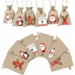 Groofoo - Sacs de Cadeaux de Noël, 12 Sacs en Toile de Jute avec Bonhomme de Neige, Renne, Père Noël, Pingouin, Cordons de Serrage, Sac de Bonbons