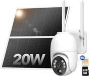 4G Lte Caméra De Surveillance Solaire Avec 128Go Carte Mémoire,Caméra Extérieur 2K No Wi-Fi Avec Panneau Solaire 20W Ptz Sans Fil Avec Batterie,Détecteur De Mouvement Pir,Imperméable Ip66