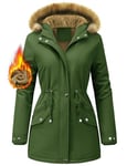 FemiChic Women Winter Coat Waterproof Fleece Lined Jacket Warm Ladies Parka Drawstring Girdle Hooded Thermal Thickened Detachable Faux Fur Mid Length Outdoor Overcoat(Green,XL)