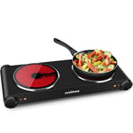 Double Hot Plate, CUSIMAX 2400W Electric Hob Ceramic Hot Plate, Portable Double Camping Hob Infrared Cooktop with Dual Temperature Control, Easy to Clean, Black Stainless Steel