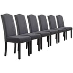 Yaheetech Lot de 6 Chaises de Salle à Manger en Tissu Haut Dossier Large Assise Confortable Ensemble de Chaises de Cuisine Pieds en Bois Massif Design Classique Garniture Boutons Bronzés Gris Foncé