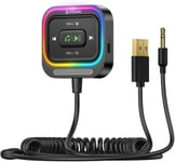 Recepteur Bluetooth 5.4 pour Voiture 3.5mm Adaptateur Aux Voiture Kit Récepteur Bluetooth avec Câble Enroulé [Grand Micro] [Appel Mains Libres] [Basse Profonde HiFi] [Lumière Colorée],Noir(Q117)