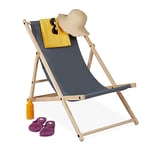 Relaxdays Chaise longue pliable, réglable, en bois de pin & en polyester, pour jardin, plage et balcon, gris foncé