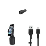 Belkin Premuim Car Bundle(Dual USB Car Charger 24W & USB-C to USB-A 1m charging cable & Car Cup Mount)