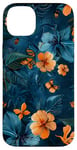 Coque pour iPhone 14 Plus Motif floral abstrait bleu avec abeilles tropicales vintage