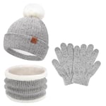 Enfants Bébés Hiver Bonnet Gants Tactiles Écharpe Ensemble Bonnet Pompon Moufles Cache-Cou avec Doublure Polaire pour 5-8 Ans Fille Garçon