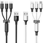 Multi Charging Cable 2 Packs 6.6FT, 3A 3 in 1 Fast Charging Cord,2M Nylon Braided Multiple USB Cable with iP Micro USB Type C Port for Phone,Samsung,PS4, Tablet, Xiaomi and More(Black+Sliver)