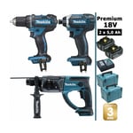 Pack Makita Premium 18V 5Ah: Perceuse 62Nm DDF482 + Perforateur 2J DHR202 + Visseuse 165Nm DTD152 + 2 batteries + 2 Coffrets