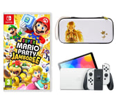 Nintendo Switch OLED, Super Mario Party Jamboree & Princess Zelda Slim Travel Pro Nintendo Switch Case Bundle - White, White