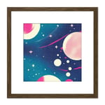 Vibrant Cosmos Planets Stars Outer Space Blue Pink Illustration Painting Square Wooden Framed Wall Art Print Picture 8X8 Inch