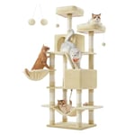 Feandrea Arbre à Chat, Hauteur 168 cm, avec 13 Griffoirs, 2 Plate-Forme, 2 Niches, Panier, Hamac, Pompon, Tissu Peluche, Multi-Niveaux pour Chat d'Intérieur, Beige PCT165M01