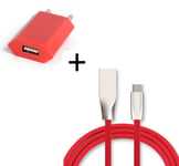 Pack Chargeur Type C pour Samsung Galaxy Buds (Cable Fast Charge + Prise Secteur Couleur USB) Android (Rouge)