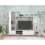 Meuble TV paroi PILVI - Particules mélaminé -Décor blanc mat - porte vitrée + 1 abattant + 5 niches - L220 x P41 x H177,5 cm