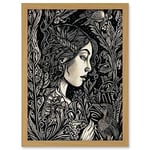 Artery8 Woman with Crow in a Field Black and White Linocut Artwork Framed A3 Wall Art Print