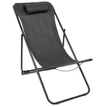 1x Matt Black/Black Folding Metal Deck Chair Garden Beach Camping Lounger