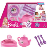 Barbie 15pc Tea Set Teapot Cups Plates Cutlery Mattel Playset Kitchen Pretend
