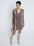 River Island Snake V-Neck Shoulder Pad Mini Dress - Brown, Brown, Size 18, Women