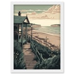 Summer Beach House Coastal Landscape Illustration Artwork Framed Wall Art Print A4