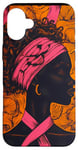 Coque pour iPhone 16 Plus Black Girl Warrior Ruban rose Motif poitrine ethnique