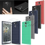 For Sony Xperia Xa2 H3113 Case, Carbon Fibre Gel Phone Cover + Screen Glass