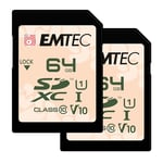 EMTEC - 2X Cartes Mémoires SD UHS-I U1 V10 Outdoor ECMSD64GXCU1ORP2 - Résistance à l’Eau IPX7 - pour Caméra, Appareil Photo Plein Air et Reflex - 64Go/GB