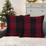 ORANIFUL Buffalo Check Cushion Covers 60cm x 60cm set of 2 Linen Decorative Square Pom Poms Tartan Throw Pillow Case for Sofa Couch Bed Home Decor Car 24x24 Inches (Burgundy & Black)