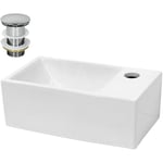 ECD Germany Mini Lavabo Vasque à Poser Salle de Bain - 350x205x125 mm - Céramique - Blanc - Angulaire - Lave Main Évier Suspendu Toilette - Kit de