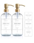 Vine Creations Clear Glass Soap Dispenser, 2 Pack Kitchen Soap Dispenser Set with Stainless Steel Pump, 16 oz Hand Soap Dispenser Bathroom, Dish Soap Dispenser for Kitchen with Waterproof Labels