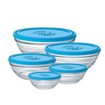 Set Of 5 Storage Box Glass With Lid Clear Blue Duralex Round Microwave Safe