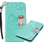 MRSTER Coque Samsung A42, Étui en Cuir Coque avec Dragonne Brillant Flip Portefeuille Housse Motif Hibou Glitter Bling Diamant Coque pour Samsung Galaxy A42. Owl Green