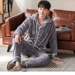 Pyjama Homme Hiver，Polaire Pyjama Verdicken Sie Warme Weiche Flanellpyjamas Männlich Langarm Grau Cardigan Nightwear Home Pyjamas, XXL