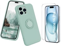 Coque Silicone Pour iPhone 15 Pro Couleur Vert Avec Anneau Support + Verre Tremp