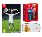 Nintendo Switch OLED (Neon Red & Blue), EA Sports FC 25 & Princess Zelda Slim Travel Pro Nintendo Switch Case Bundle, Red,Blue