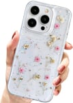 AMART Coque pour iPhone 15 Pro Fleurs, Transparente avec Véritables Fleurs Séchées, Transparente avec Motif Pailleté, Coque de Protection en Silicone Souple pour iPhone 15 Pro (Gypsophile Rose)