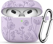 Fleurs Gravure Étui pour Coque Airpods 3e Génération, Silicone Antichoc Protectrice Housse Compatible avec Apple Airpods 3 Case Cover 2021, avec Mousqueton [LED Visible à l'avant], Lavande