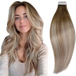 RUNATURE Extension Adhesive Cheveux Naturel Ombre Bande Adhesif Extension Cheveux Balayage Brun Foncé à Brun avec Blond Tape Extension Cheveux Humain 12 Pouces/30cm 20 Pièces/30g #3/8/22