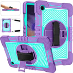 Étui De Protection Pour Tablette Samsung Galaxy Tab A8 (2021) 10,5"",Joli Étui De Protection Résistant Aux Chocs Avec Support Rotatif À 360° Et Dragonne Bandoulière Violet + Vert Menthe