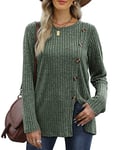 Aokosor Ladies Tops Long Sleeve Womens Lightweight Jumpers Button Front Slit Tunic Green Size 22-24