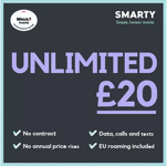 NEW £20 UNLIMITED DATA GB Smarty Sim Card 4G 5G Pay As You Go WIFI , Campervan