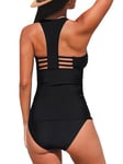 CUPSHE Ensemble tankini pour femme - Col en V - Dos nageur - Bretelles - Taille moyenne - Maillot de bain deux pièces, Noir , L