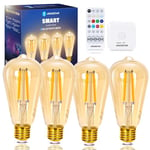 Aigostar Mesh - Ampoule Connectée Alexa E27 Bluetooth Mesh ST64, Ampoule LED Edison Vintage Lampe à Filament Dimmable 6W 2700K-6500K, Compatible avec Alexa, 4 Unité (avec Passerelle et Télécommande)