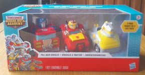 Transformers Rescue Bots Academy Pullback Vehicles x3 Inc Optimus Prime. BNIP