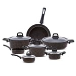 Karaca 12-Piece BlackGold Granite Pots and Pans Set - Biogranite Non-Stick Cookware Set, 4 Pots with 4 Glass Lids & 1 Granite Frying Pan & 1 Saucepan with Lid, PFOA Free, Dishwasher-Safe