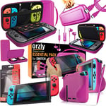 Orzly Switch Accessories Bundle – Carry Case for Nintendo Switch Console (NOT OLED MODEL) Tempered Glass Screen Protectors, USB Charging Cable, Switch Games Case, Comfort Grip Case & Headphones - PINK