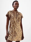 French Connection Short Sleeve Sequin Keyhole Mini Dress, Brown, Size 14, Women