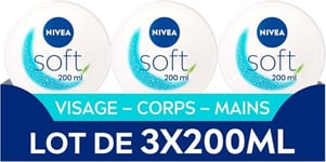 NIVEA SOFT Crème de soin multi-usage hydratante 48H (3 x 200 ml), Soin hydratant Visage, Corps & Mains à la vitamine E & Huile de Jojoba, Formule Vegan lègère, 95% ingrédients d'origine naturelle