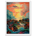 Atmospheric Clouds Over Mono Fishing Village Cabins at Dawn Modern Watercolour Painting Artwork Framed Wall Art Print A4