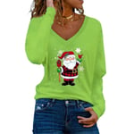 Jul Kvinnor Santa Claus brev printed V-ringad T-shirt Casual långärmad tunika Toppar Blus Green 2XL