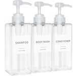 Lot de 3 distributeurs de shampooing et d'après-shampoing, flacons à Pompe Rechargeables en Plastique avec étiquettes étanches, Distributeur de Savon Vide pour Salle de Bain, Douche (Transparent, 500