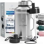 BeMaxx Gourde en acier inoxydable ACTIVE FLASK + paille (3 couvercles) | Grande bouteille de sport 2,2 litres / 2l XL sans BPA antifuite gazéifiée, Pour les Sportifs & Entrainement en Plein Air